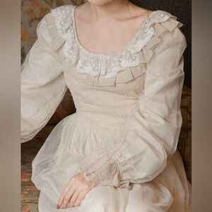 Vintage Look Cream Voile and Lace Midi Dress